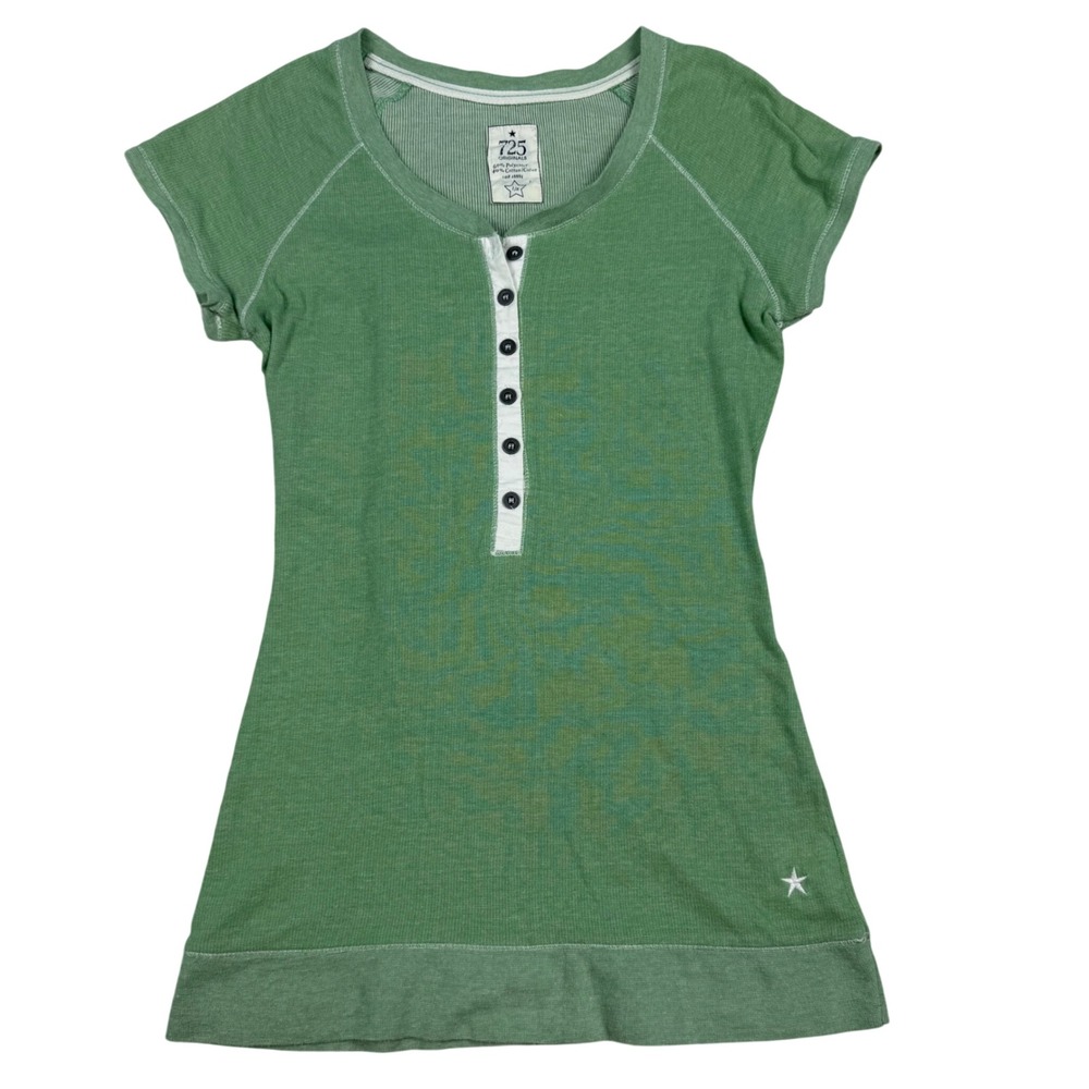725 Originals Green Ribbed Henley Short Cap Sleeve Shirt Star Logo SZ L Fitted